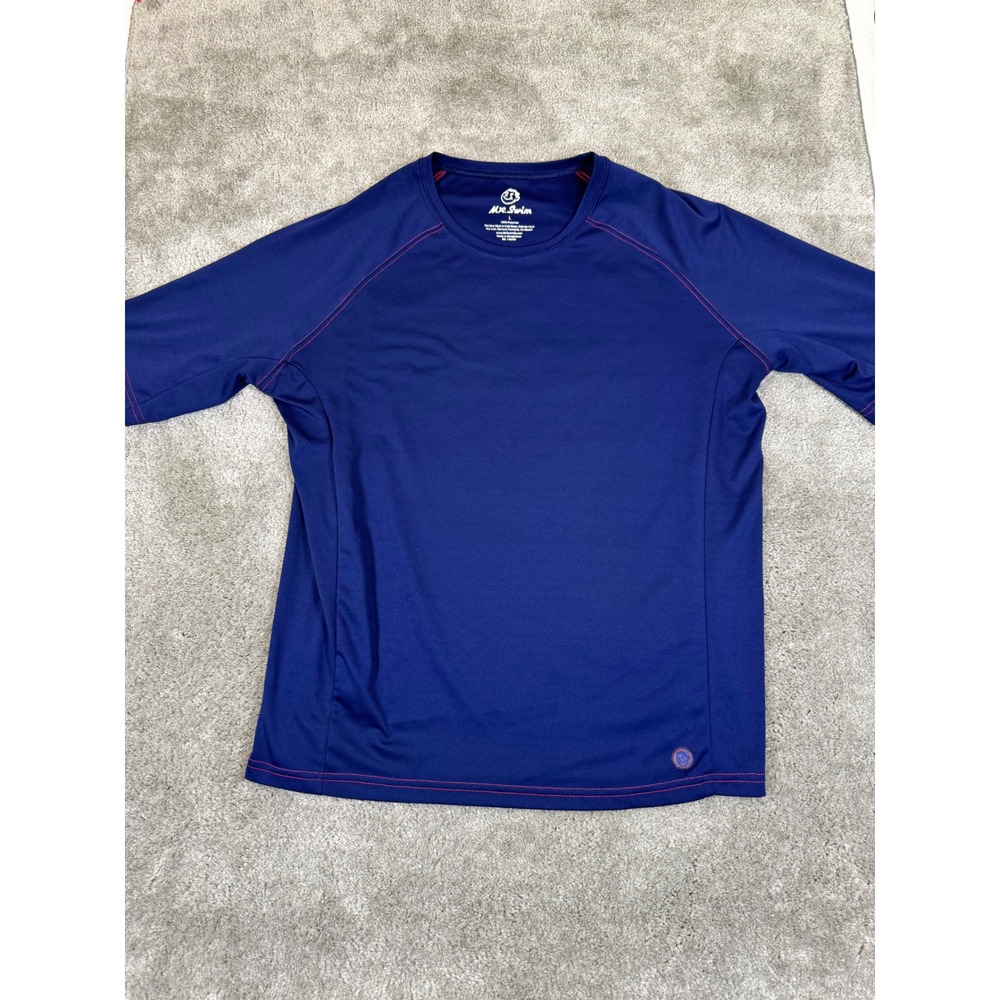 Mr Swim Mens Navy Blue Rash Guard Short Sleeve Swim Shirt Red Stitching Large